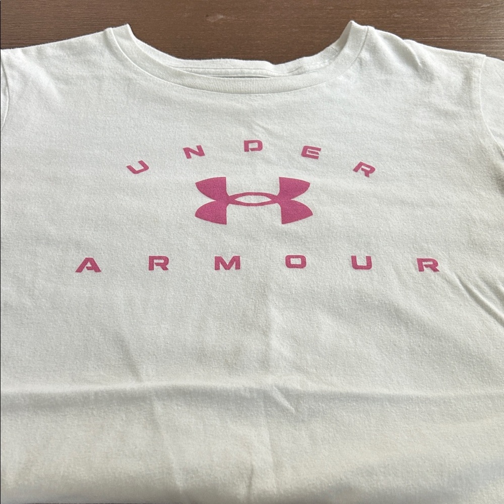 Under Armour Kids Tee with Pink Logo on White